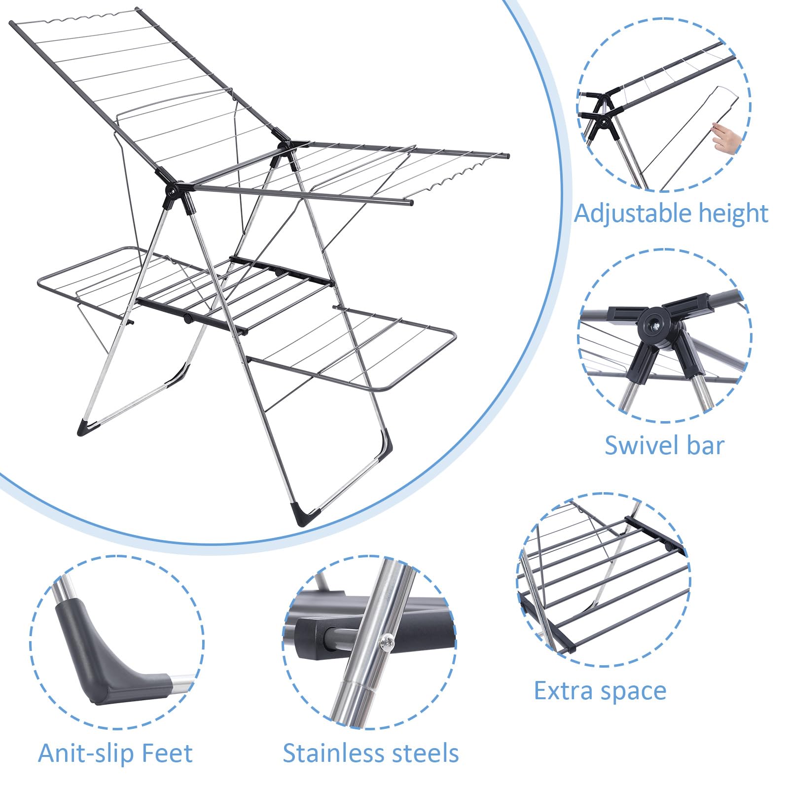 APEXCHASER Clothes Drying Rack, Foldable 2-Level Laundry Racks for Drying Clothes Rack, with Height-Adjustable Wings, Indoor/Outdoor Portable Dryer for Clothing and Towels