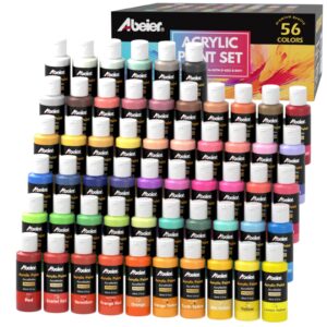 abeier acrylic paint set, 56 colors (2oz/60ml), matte finish, waterproof, rich pigments, non-toxic paints for painting on canvas crafts wood ceramic, fabric ideal for beginners and students