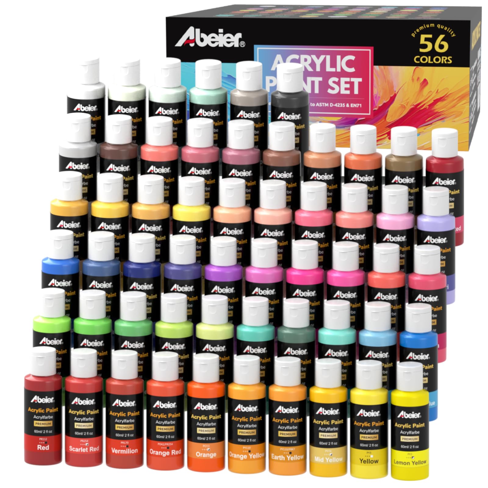 ABEIER Acrylic Paint Set, 56 Colors (2oz/60ml), Matte Finish, Waterproof, Rich Pigments, Non-Toxic Paints for Painting on Canvas Crafts Wood Ceramic, Fabric Ideal for Beginners and Students