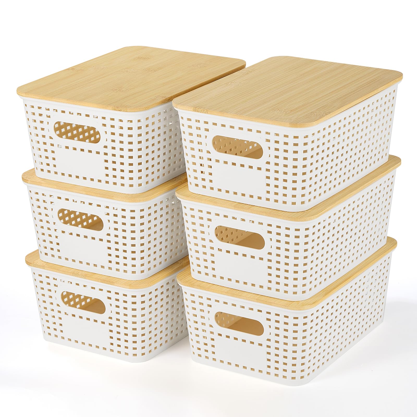 Plastic Storage Baskets With Bamboo Lid - Plastic Storage Containers Stackable Storage bins: Storage Baskets for Organizing Shelves Drawers Desktop Closet Playroom Classroom Office, 6 Pack