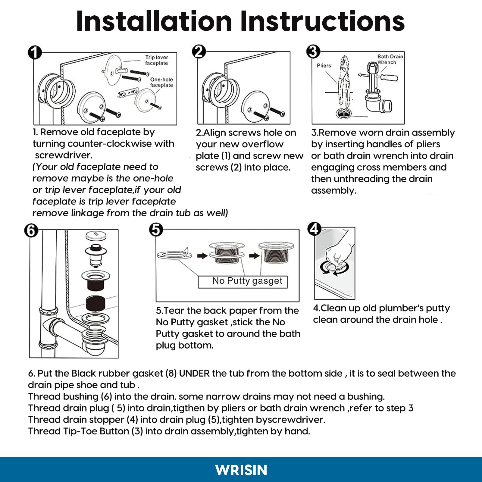 WRISIN Black Bathtub Drain Kit with Overflow, Metal Tip-Toe Tub Drain and Two-Hole Overflow Cover Plate, Brass Bushing for Drain Body Included, Universal Fit