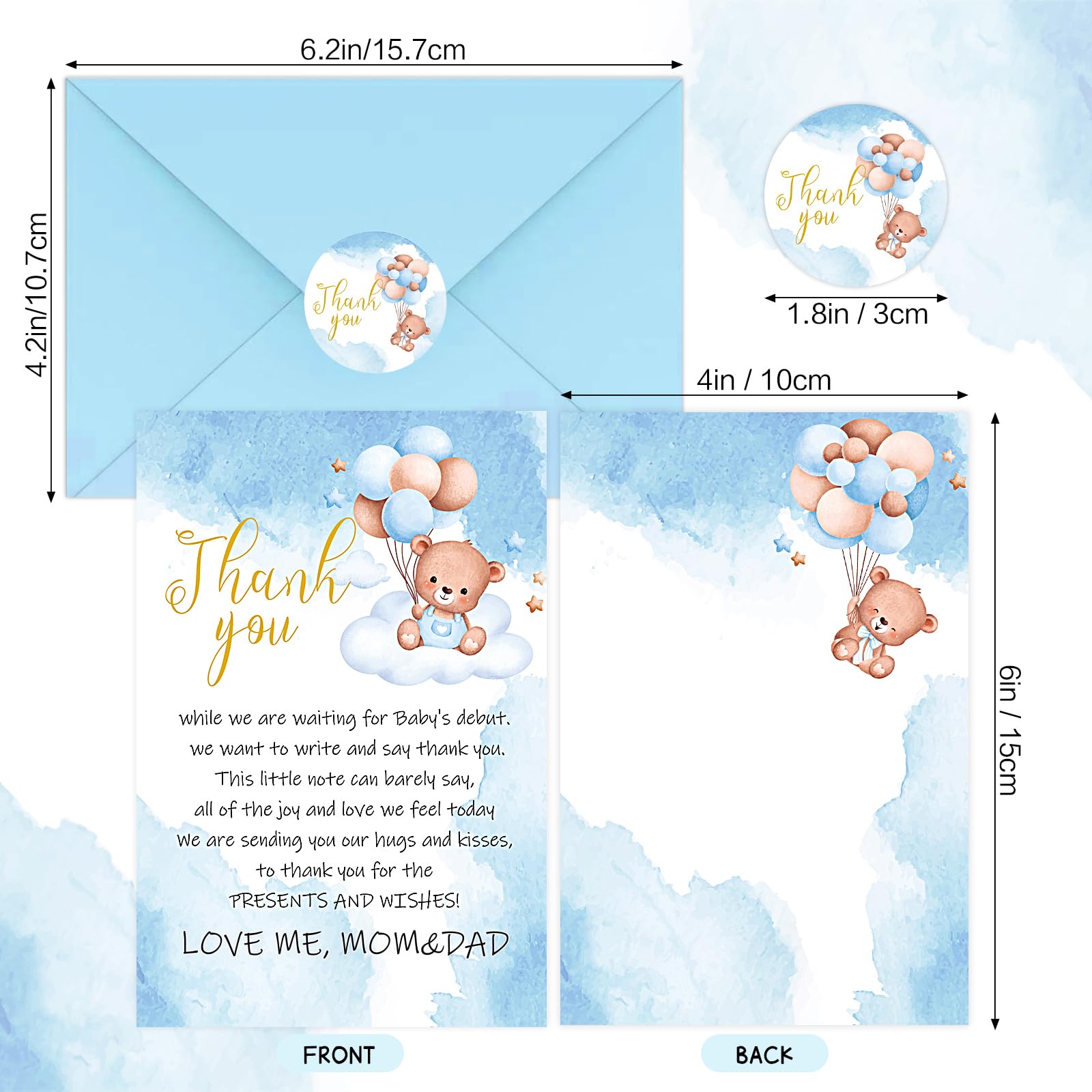 BYBOUS 50 Pack Baby Shower Thank You Cards with Envelopes Stickers - Cute Bear Baby Shower Cards - Baby Girl/Baby Boy Shower Thank You Notes Birthday Supplies, 4 x 6 Inch (Blue)