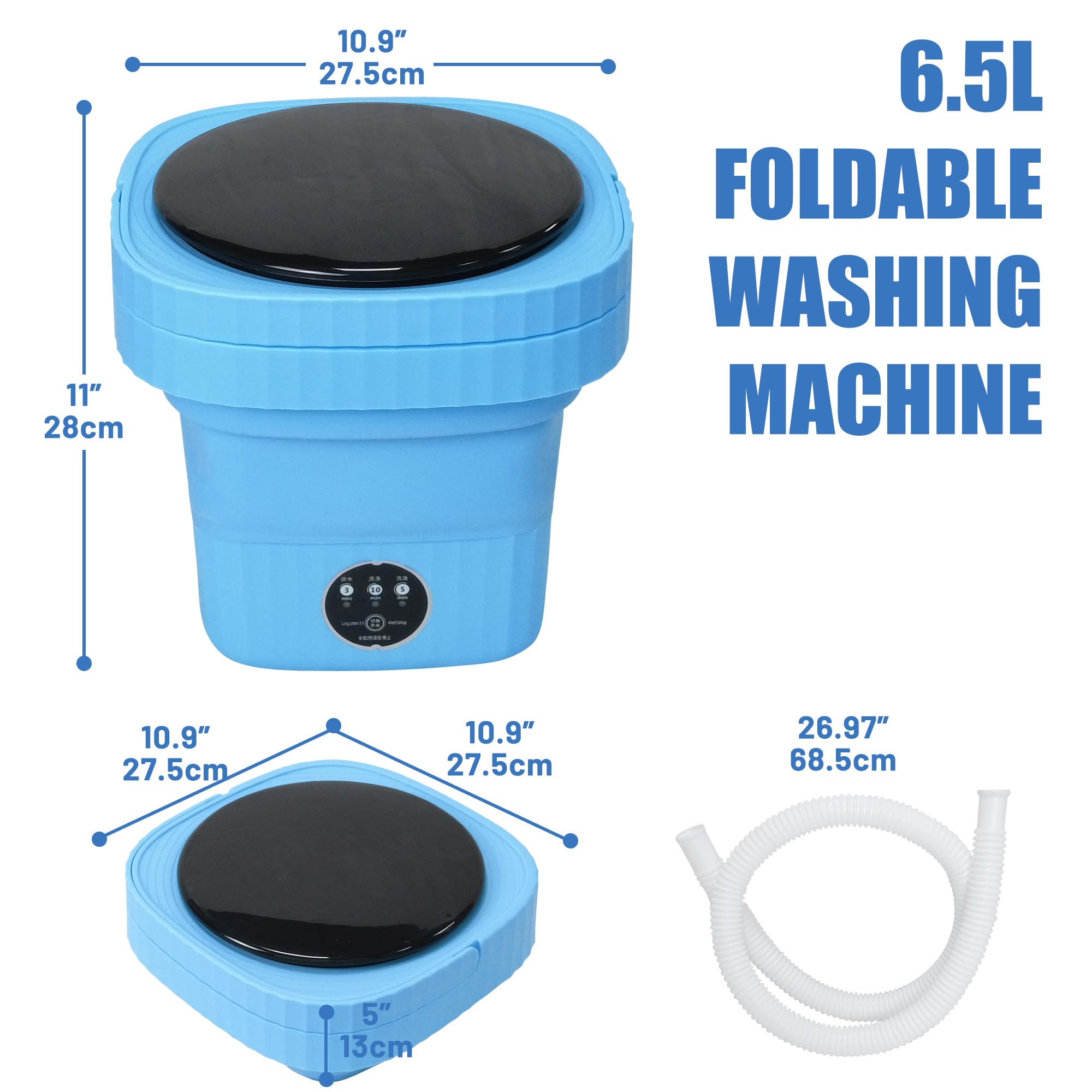 Caroeas Portable Washing Machine, 6.5L Foldable Mini Washing Machine and Dryer Combo with 3 Modes, Small Portable Washer for Laundry, Apartments, Dorm, Camping, RV and Travel, Blue