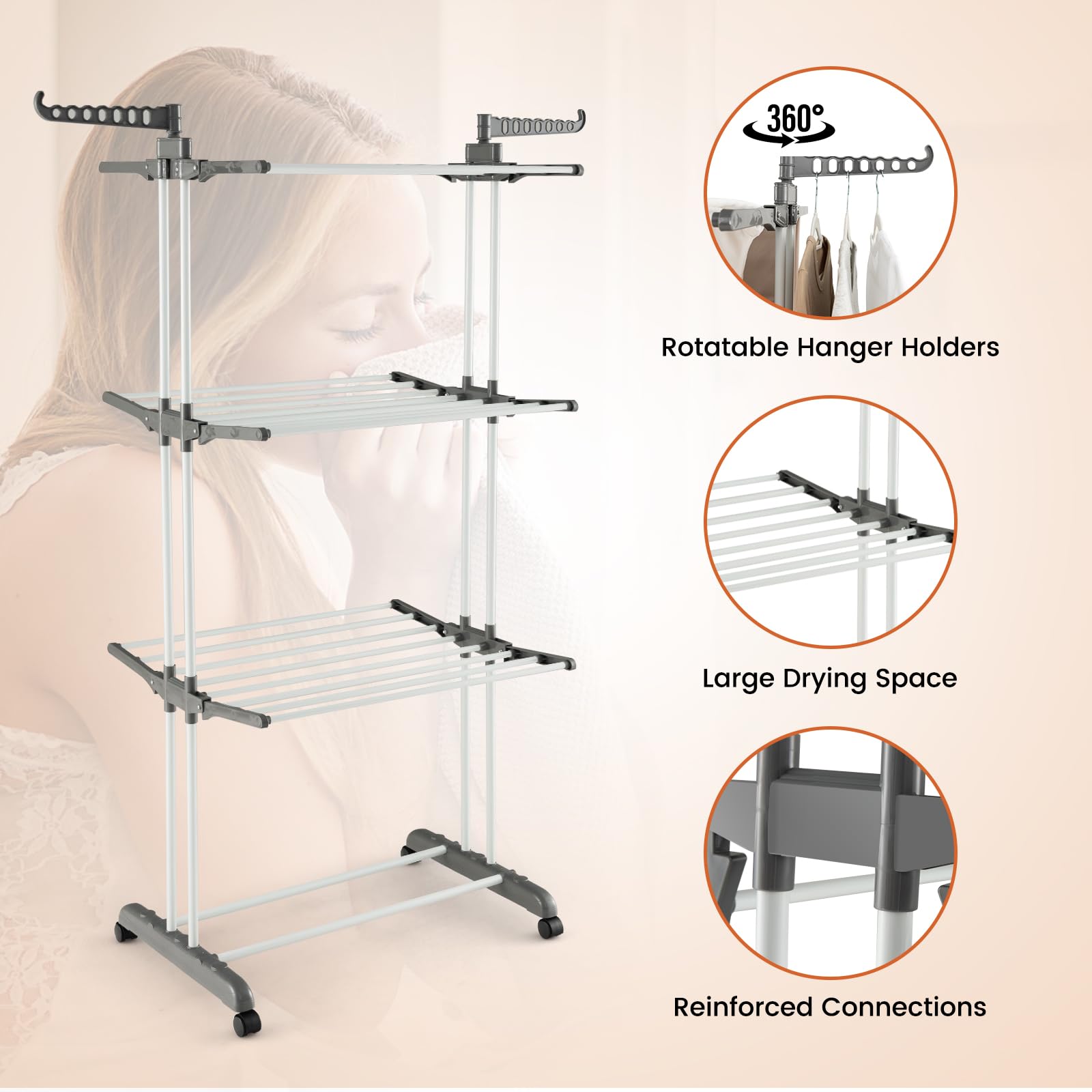 Moccha 4-Tier Clothes Drying Rack, Folding Drying Rack w/ 4 Wheels, 24 Drying Poles & 2 Rotatable Side Wings for Clothes, Portable Clothing Drying Rack for Laundry, Laundry Bag, Grey