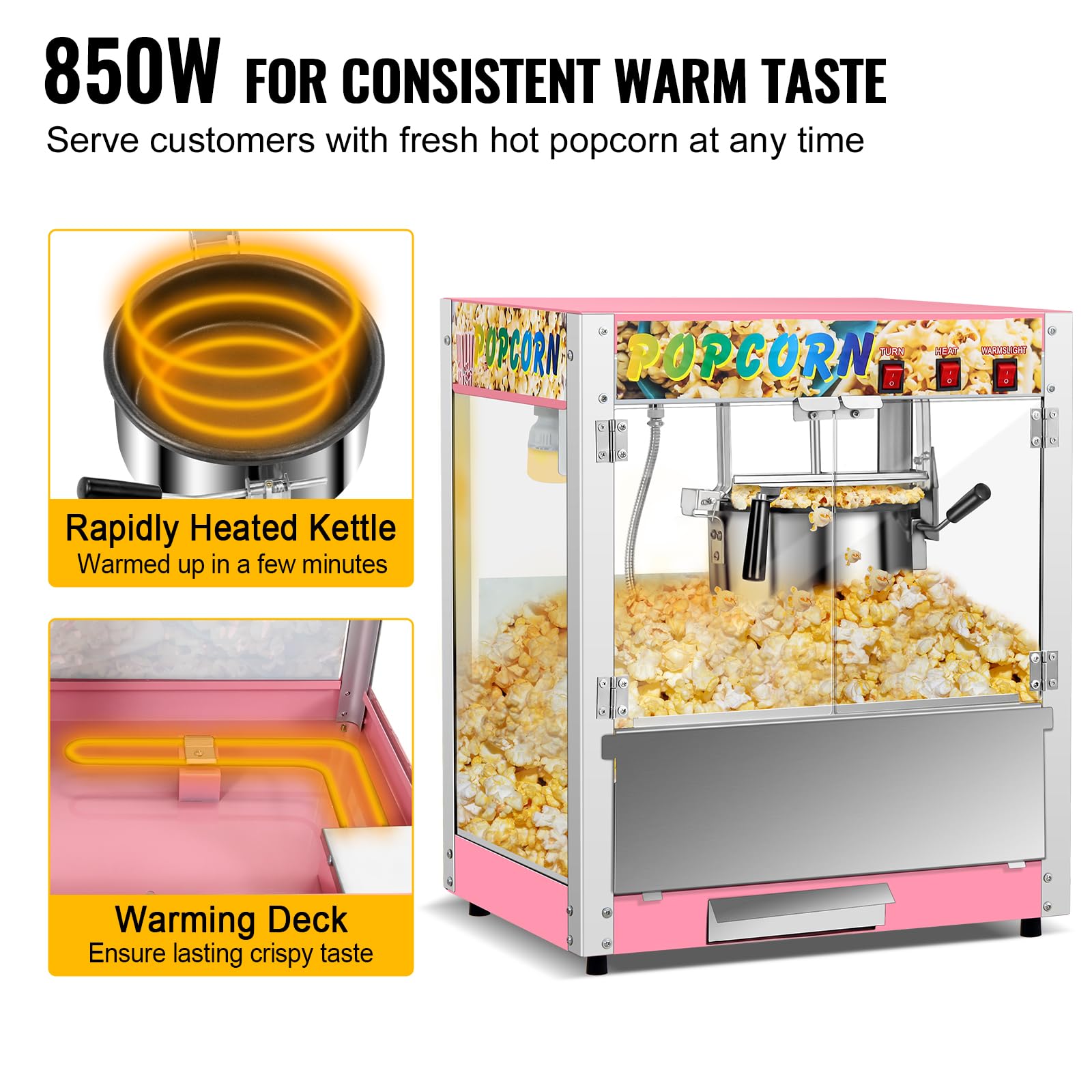 OUKIDR Popcorn Machine, Commercial Popcorn Machine With 8 Oz Kettle Makes Up To 48 Cups, Popcorn Machine Movie Theater Style With 3 Switch Control, Pink