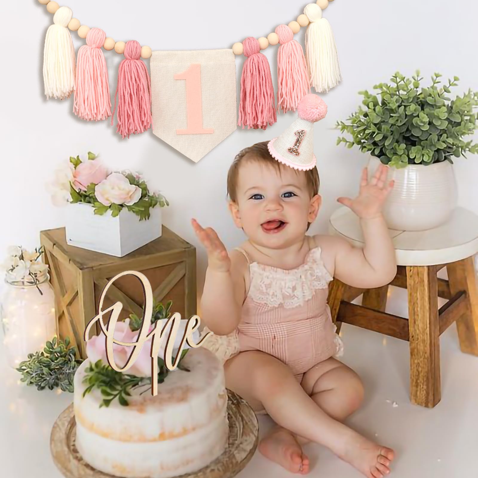 Handmade Boho 1st Birthday High Chair Banner Boho 1st Birthday Hat Decorations Party For Girl Baby Shower Pink Wall Hangings Decorative For Kids Bedroom