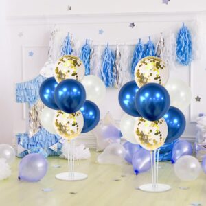 RUBFAC 4 Set Balloon Stand, Blue White and Gold Balloon Centerpieces for Tables, Clear Table Balloon Holder Blue White and Gold Party Decorations for Birthday Wedding Graduation Baby Shower