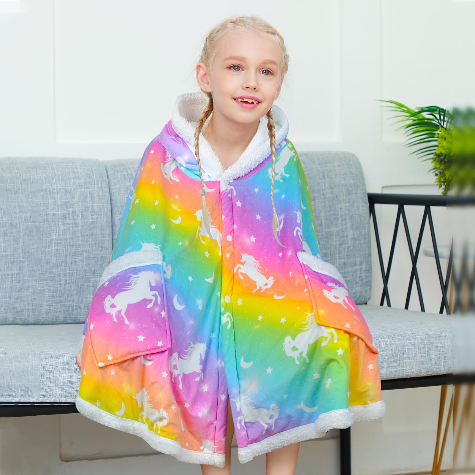 Nidoul Kids Wearable Blanket Hoodie, Unicorn Cape Cloaks with 3D Ears Winter Fleece Baggy Poncho for Girls Christmas Party