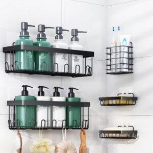 kitstorack shower caddy, 5 pack adhesive shower organizer with 28 hooks wall shampoo holder for bathroom storage & kitchen, rustproof large shower caddy shelf organizer rack, black