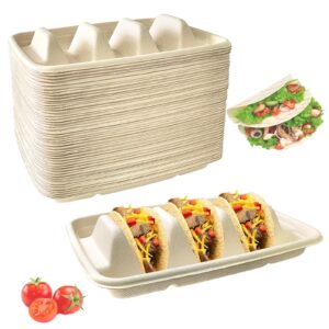 50pcs disposable taco holder for party，disposable taco plates with 3 dividers disposable taco holders for party, taco tray holder, pulp fiber plates disposable for taco tuesday lazy susan taco bar