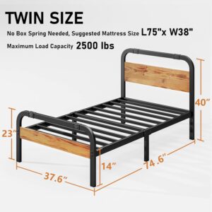 ZIYOO Industrial Style Twin Size Metal Bed Frame with Solid Wood Headboard and Footboard, 14 Inch High Heay Duty Steel Slats Support No Box Spring Needed，Easy Assembly Structure