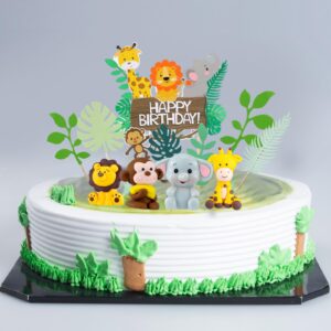 Marsui 36 Pcs Safari Cake Topper Leaves Cake Decorations Elephant Birthday Cake Toppers Jungle Animals Cakes Toppers Woodland Animal Tiger Lion for Party Baby Shower Birthday Supplies