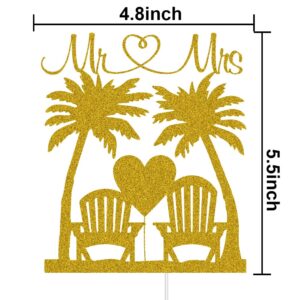 Mr & Mrs Cake Topper Tropical Wedding Cake Decorations Palm Tree Chair Hawaii Beach Wedding Party Supplies Bride & Groom Travel Cake Toppers Gold Glitter