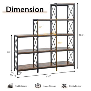 Tangkula 9 Cubes Bookshelf, 5-Tier Stepped Bookcase w/Carbon Steel Frame, Anti-Tipping Kits & Adjustable Foot Pads, 12 Shelves Storage Open Display Shelf for Home Office (9-Cube, Brown)