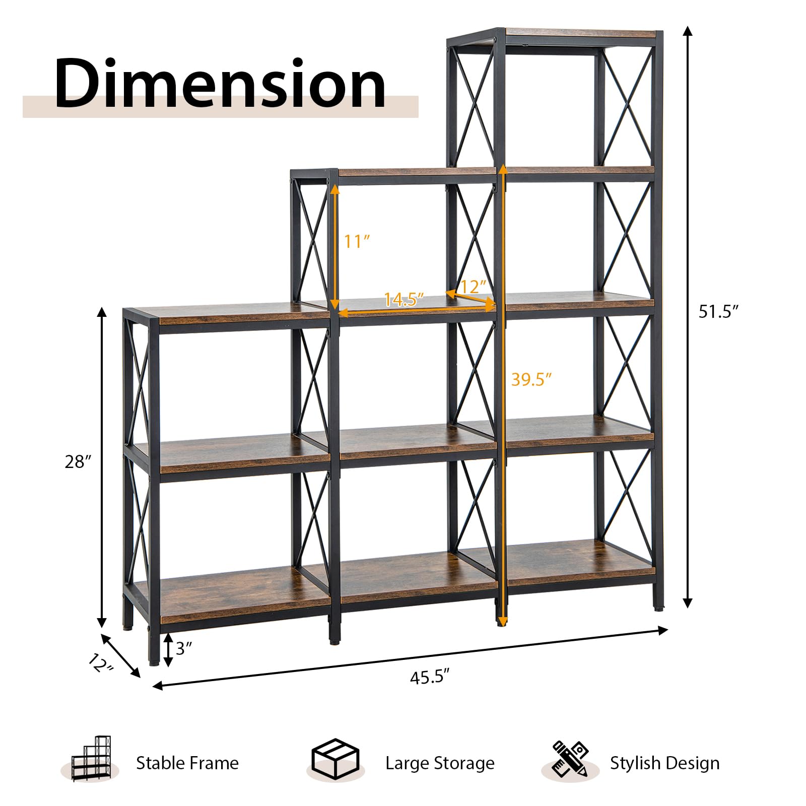 Tangkula 9 Cubes Bookshelf, 5-Tier Stepped Bookcase w/Carbon Steel Frame, Anti-Tipping Kits & Adjustable Foot Pads, 12 Shelves Storage Open Display Shelf for Home Office (9-Cube, Brown)