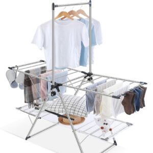 apexchaser clothes drying rack, foldable 2-level drying racks with high hanger, metal laundry stand with height-adjustable gullwings