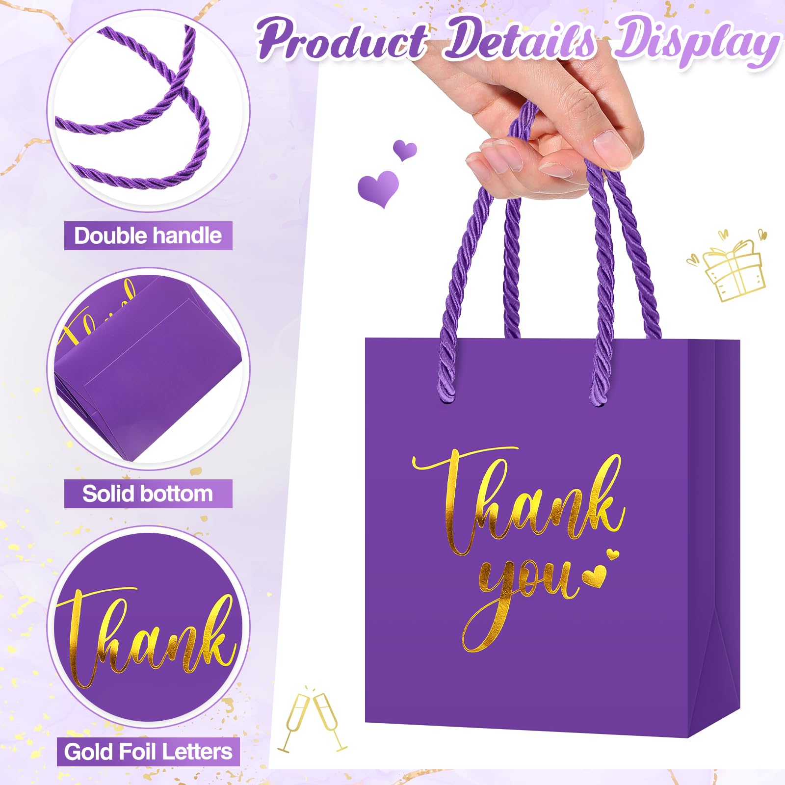 Honoson 60 Pcs Mini Gift Bag with Handle 4 x 2.75 x 4.5'' Small Thank You Paper Bag Foil Gift Bag Wedding Wrap Bag Birthday Party Favor Bag(Purple)