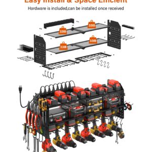 JUNNUJ Large Pegboard Power Tool Organizer with Charging Station, 8 Drills Driver and Tools Battery Holder Wall Mount with 8 Outlet Power Strip, Black 3-Layer Shop Garage Storage Utility Rack