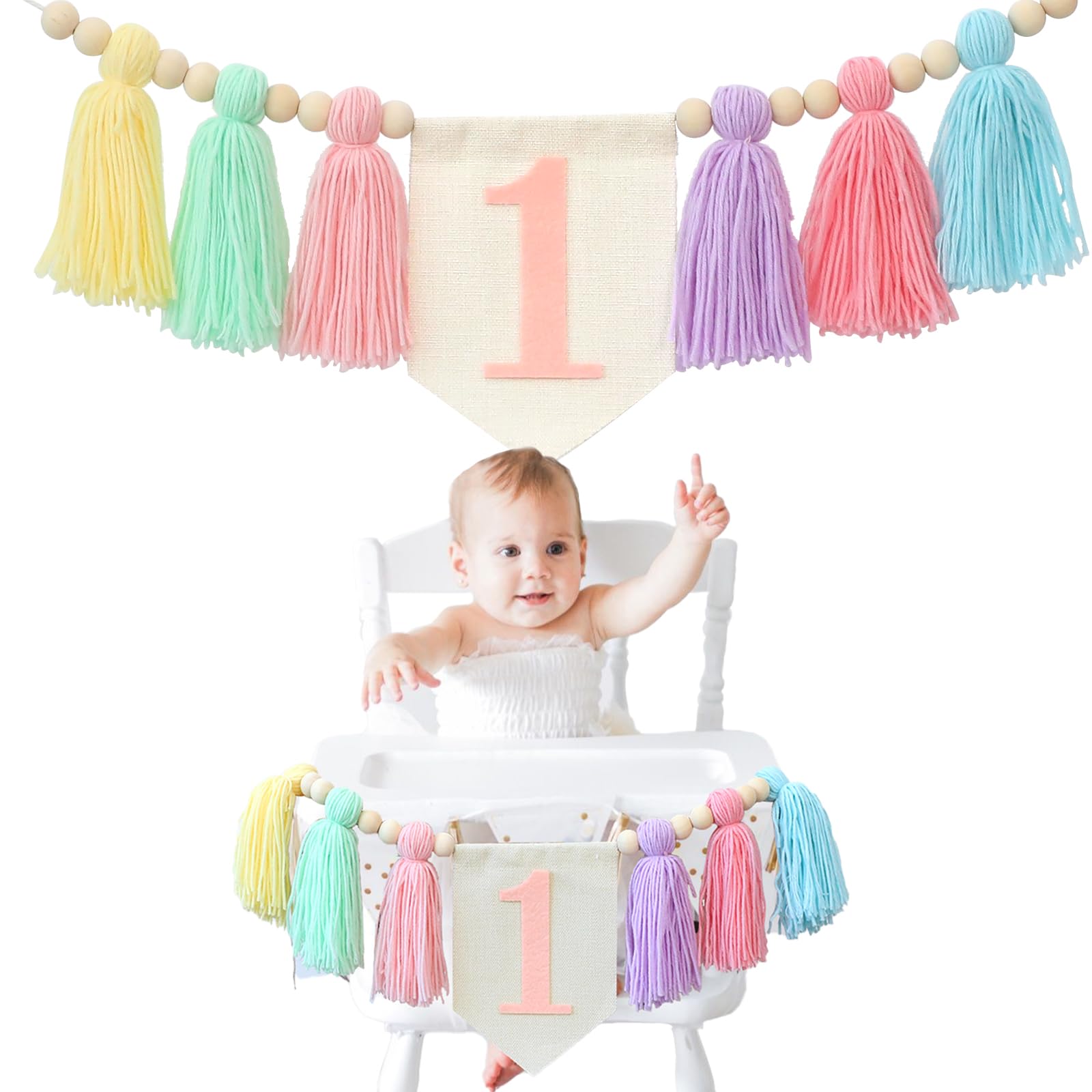 Handmade Boho 1st Birthday High Chair Banner Party Decoration for Girl Baby Shower Wall Hangings Decorative for Kids Bedroom Purple