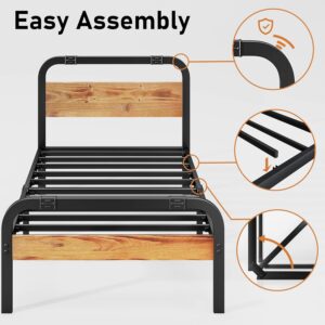 ZIYOO Industrial Style Twin Size Metal Bed Frame with Solid Wood Headboard and Footboard, 14 Inch High Heay Duty Steel Slats Support No Box Spring Needed，Easy Assembly Structure