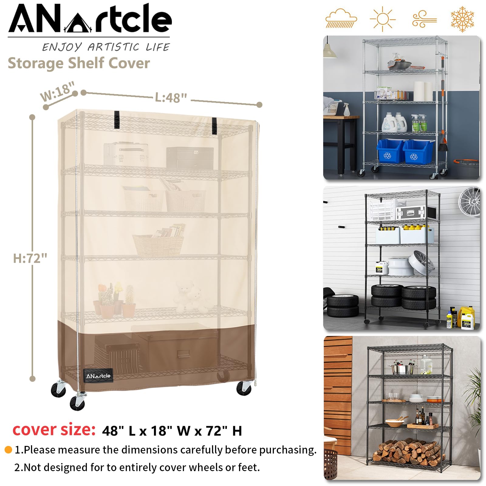 ANartcle Shelf Covers for Wire Shelving,600D Heavy Duty Waterproof Dustproof Storage Shelving Unit Cover,Fits 5-Tier Adjustable Heavy Duty Storage Shelving Unit 48''L x 18''W x 72''H,Beige&brown.