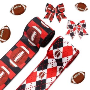 hying 2 rolls football ribbons for wreath bows, sports rolls ball wired edge ribbons black red burlap ribbon football craft ribbons for gift wrapping football theme party supplies