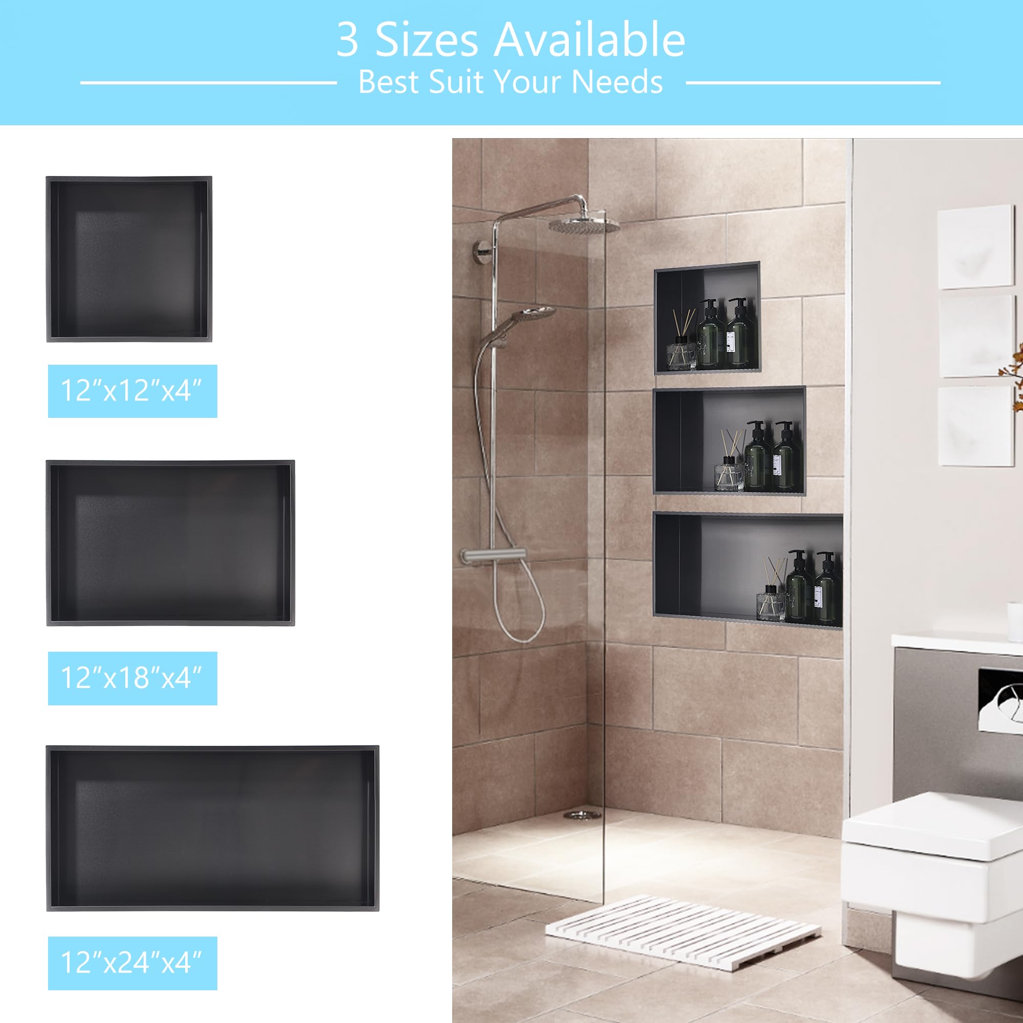 Dorzom Shower Niche 12 x 24, Stainless Steel Shower Niche Shelf No Tile Needed Recessed Shower Niche for Bathroom Storage Bathroom Niche Shelf for Shower Wall, Black