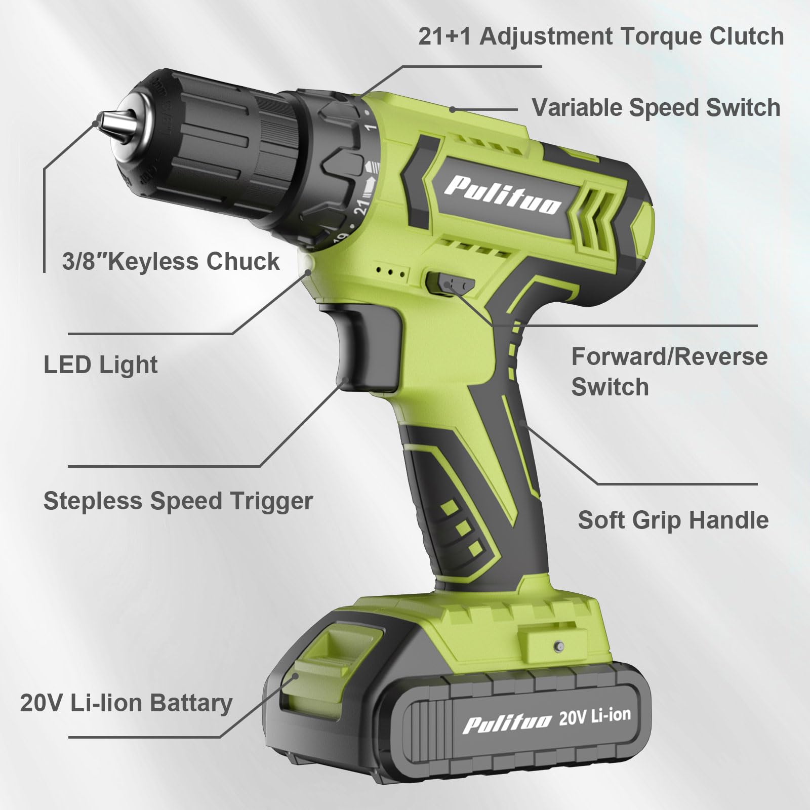 PULITUO Cordless Drill Set - 20V Electric Power Drill with Battery and Charger, 30N Torque, 21+1 Torque Settings, 2 Variable Speeds, includes a 43-pcs Drill Driver Bits Kit and Screws Set (Green)