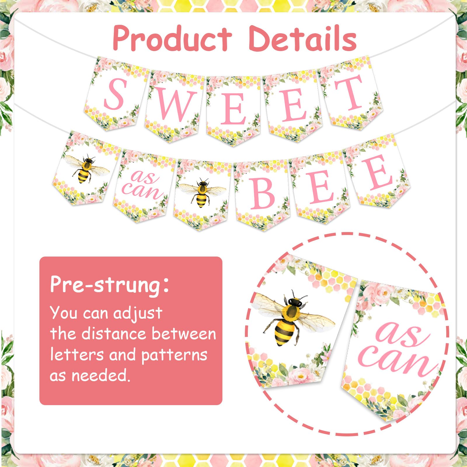 Sweet As Can Bee Banner Pink Bee Baby Shower Decorations for Girl Pre-Strung Honey Bee Banner for Bumble Bee Baby Shower Bridal Shower Sweet As Can Bee Birthday Party Decorations