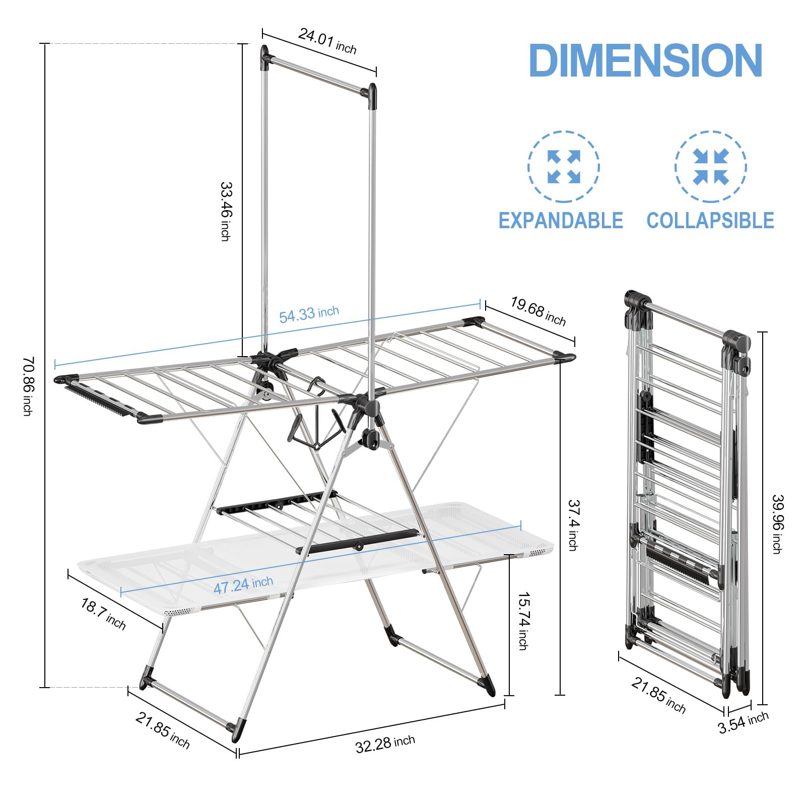 APEXCHASER Clothes Drying Rack, Foldable 2-Level Drying Racks with High Hanger, Metal Laundry Stand with Height-Adjustable Gullwings