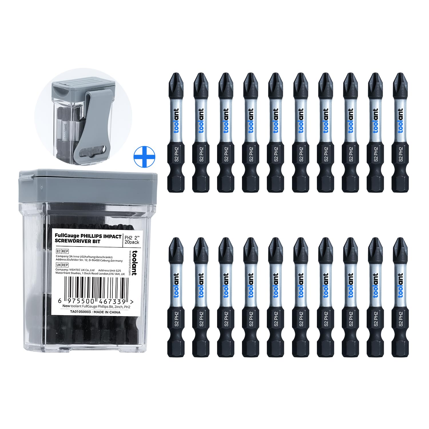 toolant 2 Inch Phillips Bit#2 Magnetic Anti Slip Impact Screwdriver Bits Set,20pcs Insert S2 Steel PH2 Driver Dit Set with CNC Machined Tips for Power Drill