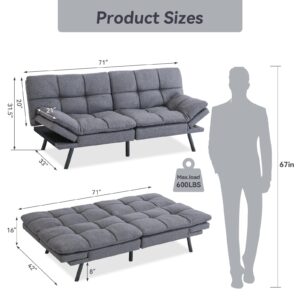 Hcore, Convertible Sleeper, Memory Foam Futon Couch,Loveseat Bed,Small Splitback Modern Sofa Sofabed, Grey