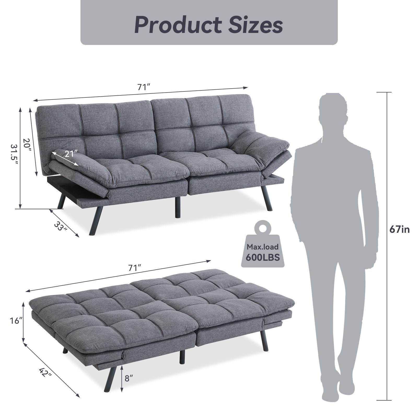 Hcore, Convertible Sleeper, Memory Foam Futon Couch,Loveseat Bed,Small Splitback Modern Sofa Sofabed, Grey