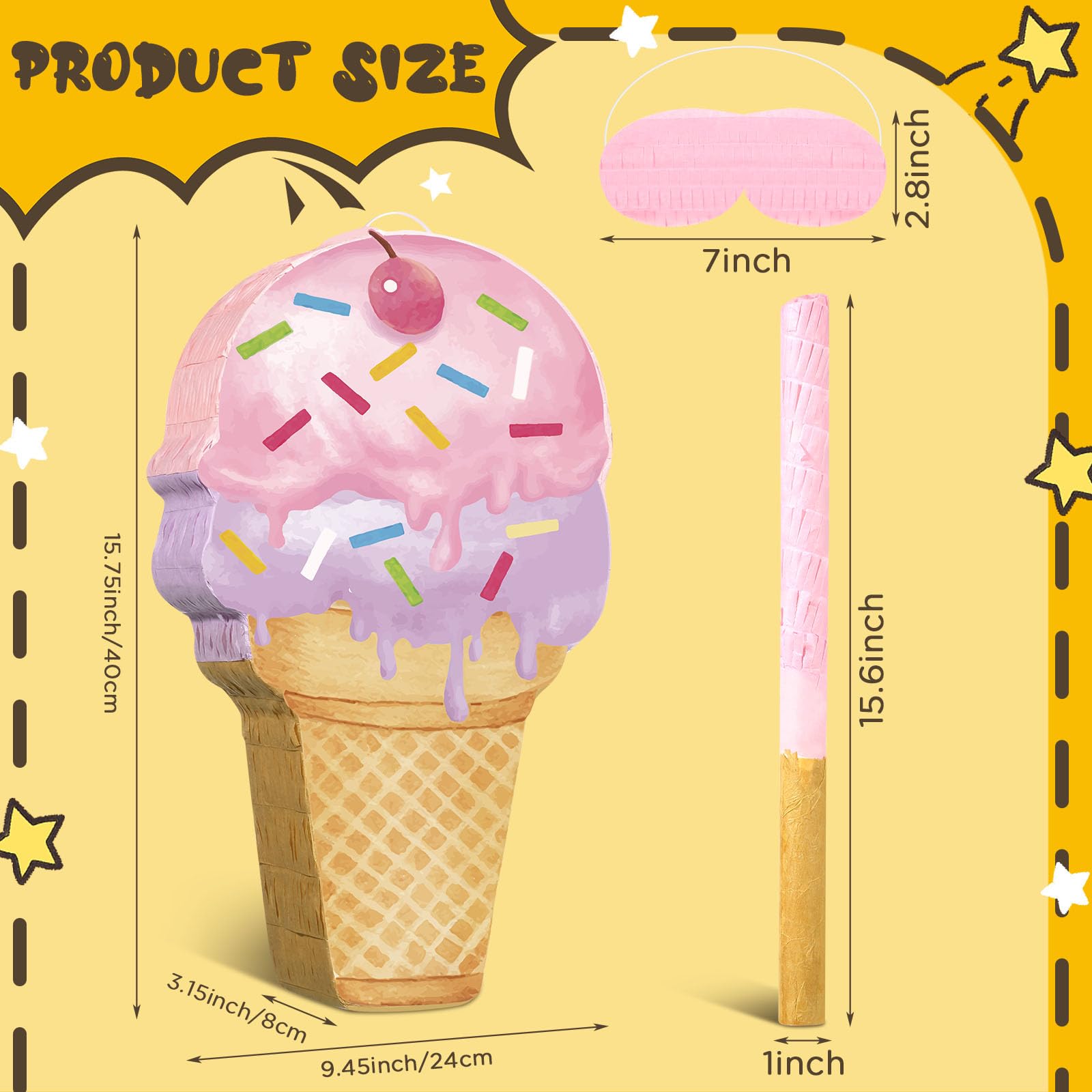 Ice Cream Piñata Ice Cream Cone Shaped Piñata with Stick Blindfold for Ice Cream Birthday Party Summer Candy Party Baby Shower Wedding Party Supplies Decor, 15.8 x 9.5 Inch(Pink, Purple)