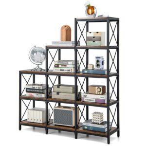 tangkula 9 cubes bookshelf, 5-tier stepped bookcase w/carbon steel frame, anti-tipping kits & adjustable foot pads, 12 shelves storage open display shelf for home office (9-cube, brown)