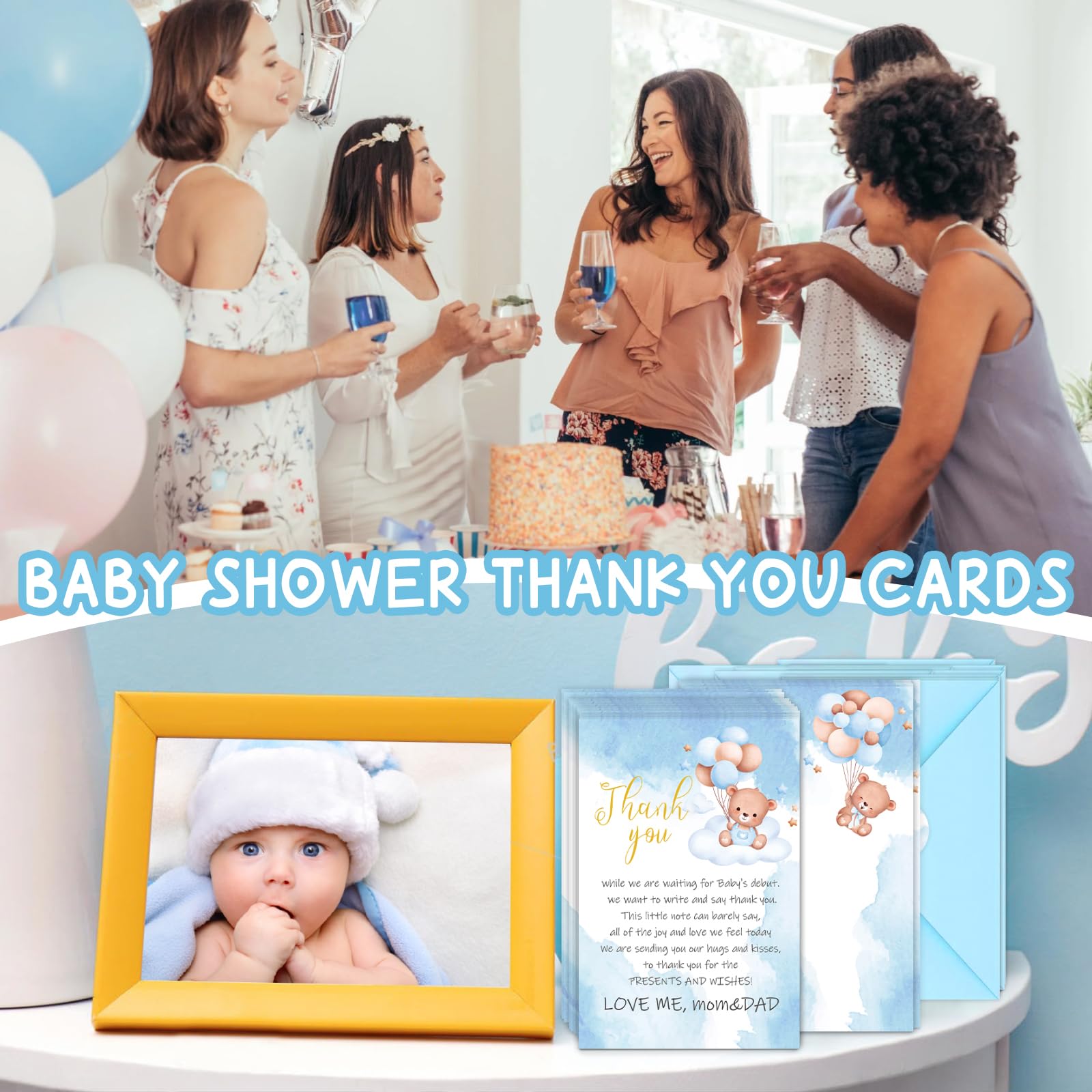 BYBOUS 50 Pack Baby Shower Thank You Cards with Envelopes Stickers - Cute Bear Baby Shower Cards - Baby Girl/Baby Boy Shower Thank You Notes Birthday Supplies, 4 x 6 Inch (Blue)