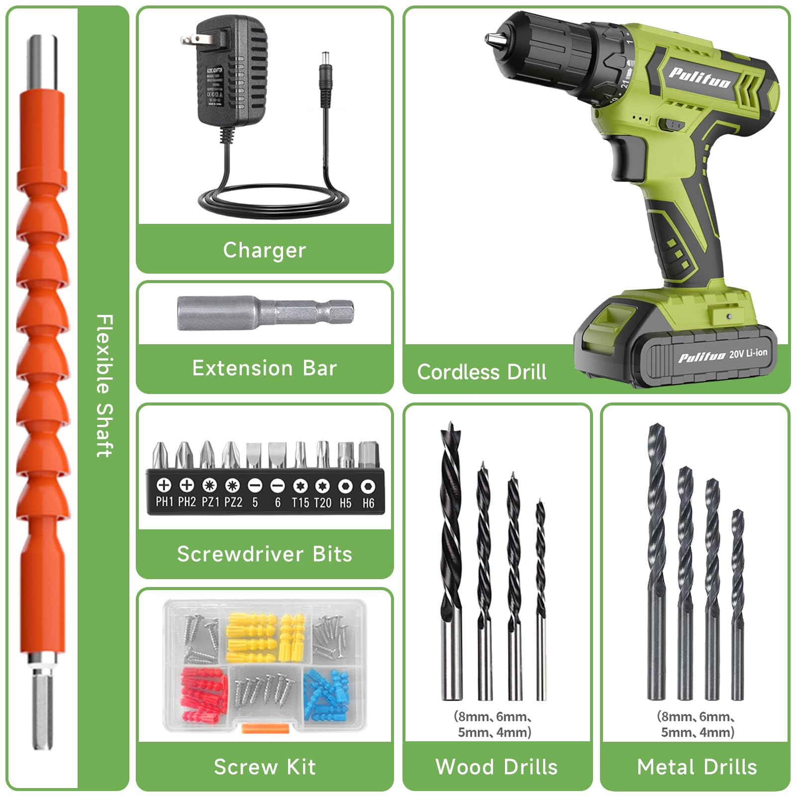 PULITUO Cordless Drill Set - 20V Electric Power Drill with Battery and Charger, 30N Torque, 21+1 Torque Settings, 2 Variable Speeds, includes a 43-pcs Drill Driver Bits Kit and Screws Set (Green)