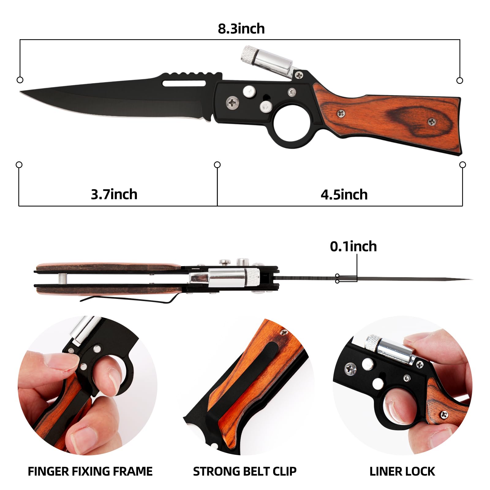 VESON-LON Pocket Knife, AK 47 Folding Knife for Camping Fishing Hiking Tactical Knife and EDC, LED Light, Husband Birthday Present, With Deep Pocket Clip for Men Women(Black)