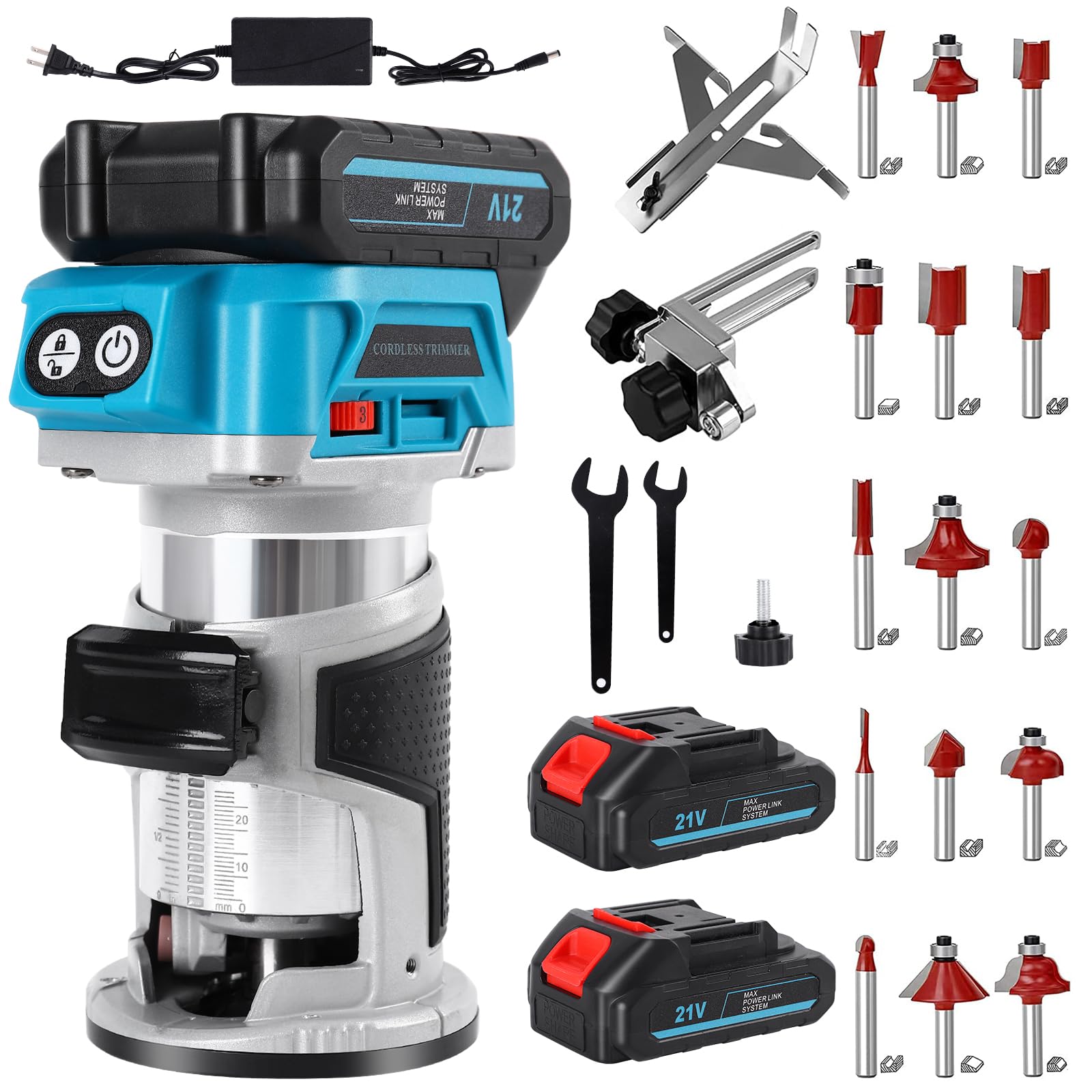 Cordless Compact Wood Router Tool - 6 Speeds Adjustable Electric Hand Woodworking Trimmer Palm Router kit with 15 PCS Router Bits, 2PCS 4.0Ah Batteries