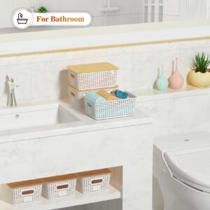 Plastic Storage Baskets With Bamboo Lid - Plastic Storage Containers Stackable Storage bins: Storage Baskets for Organizing Shelves Drawers Desktop Closet Playroom Classroom Office, 6 Pack