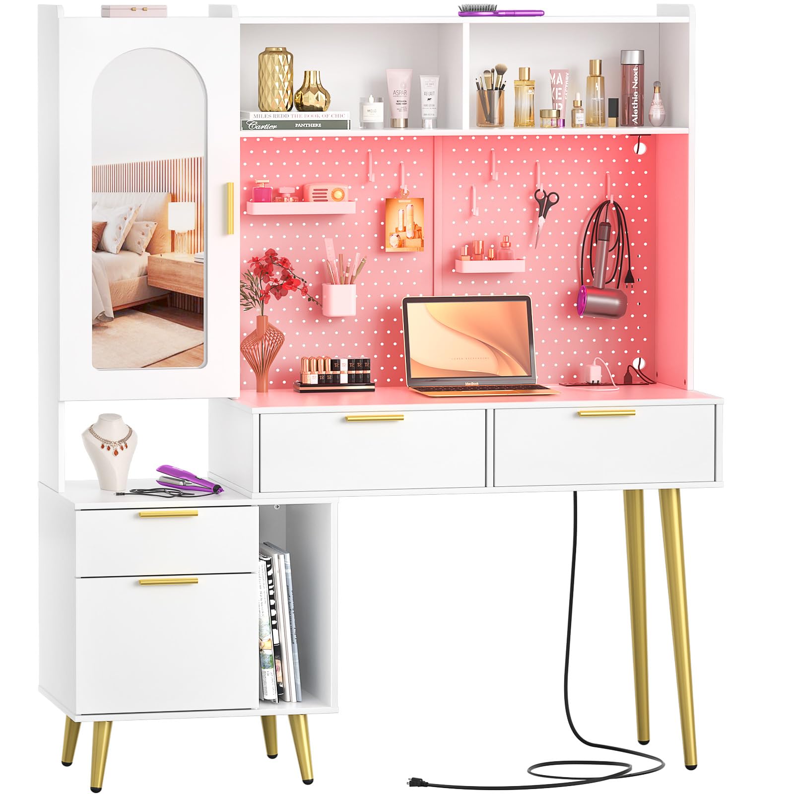 armocity 48'' Makeup Vanity with Hutch, White Bedroom Vanity with Charging Station and LED, Tall Vanity Table with Pegboard, Mirror, 5 Big Drawers & Shelves, Cabinet, Bedroom Dressing Tables, White