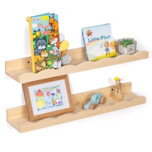 fun memories picture ledge shelf for wall, 24 inch pine wood nursery book shelves set of 2- wall book shelves for kids room, home decor - kitchen spice-natural