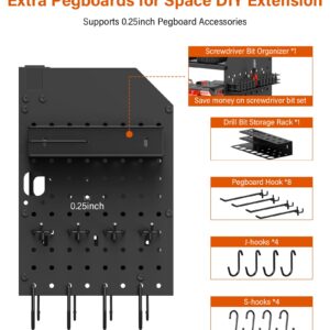 JUNNUJ Large Pegboard Power Tool Organizer with Charging Station, 8 Drills Driver and Tools Battery Holder Wall Mount with 8 Outlet Power Strip, Black 3-Layer Shop Garage Storage Utility Rack