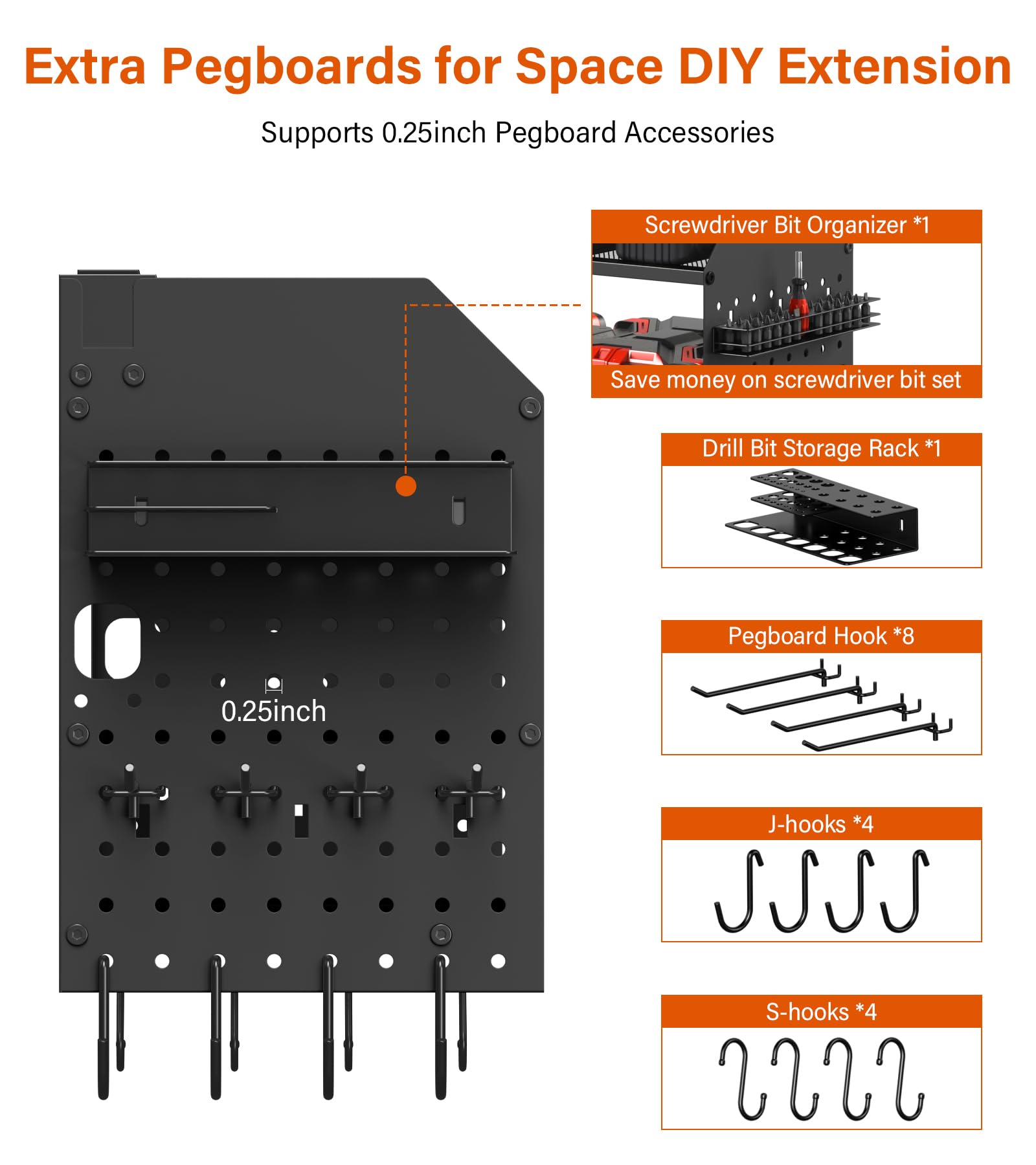 JUNNUJ Large Pegboard Power Tool Organizer with Charging Station, 8 Drills Driver and Tools Battery Holder Wall Mount with 8 Outlet Power Strip, Black 3-Layer Shop Garage Storage Utility Rack