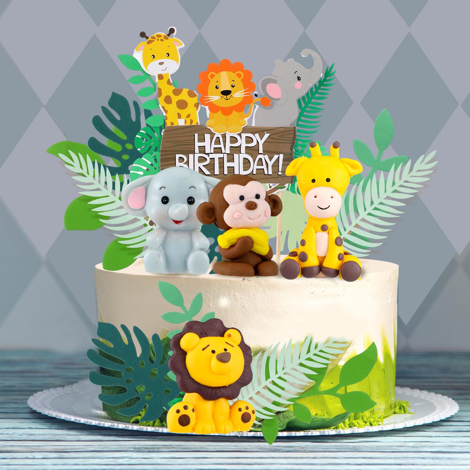 Marsui 36 Pcs Safari Cake Topper Leaves Cake Decorations Elephant Birthday Cake Toppers Jungle Animals Cakes Toppers Woodland Animal Tiger Lion for Party Baby Shower Birthday Supplies