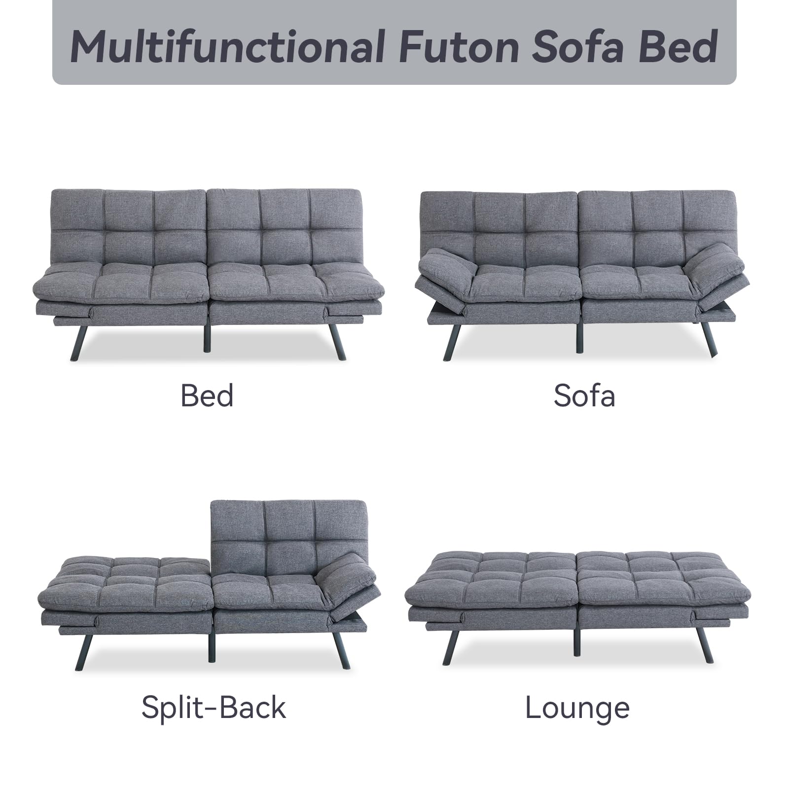 Hcore, Convertible Sleeper, Memory Foam Futon Couch,Loveseat Bed,Small Splitback Modern Sofa Sofabed, Grey