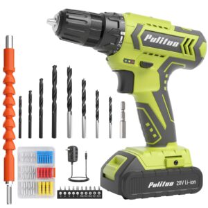 pulituo cordless drill set - 20v electric power drill with battery and charger, 30n torque, 21+1 torque settings, 2 variable speeds, includes a 43-pcs drill driver bits kit and screws set (green)