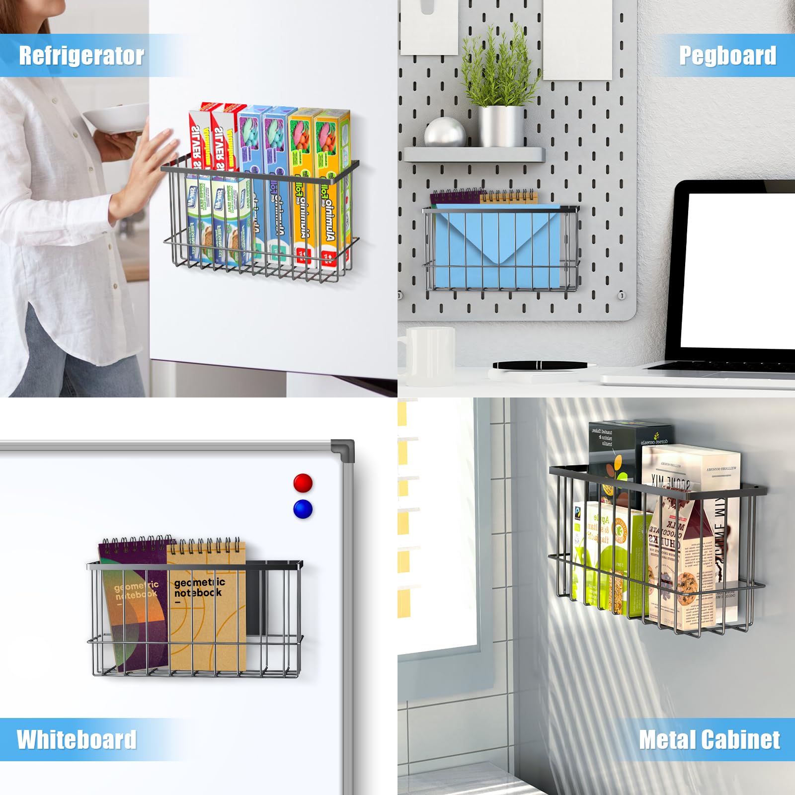 NiHome Magnetic Metal Basket Organizers 2PCS Medium & Small, Versatile Storage for Kitchen & Office Holds Up to 14 lbs, Easy Attach to Refrigerator or Any Magnetic Surface, Space-Saving Design (White)