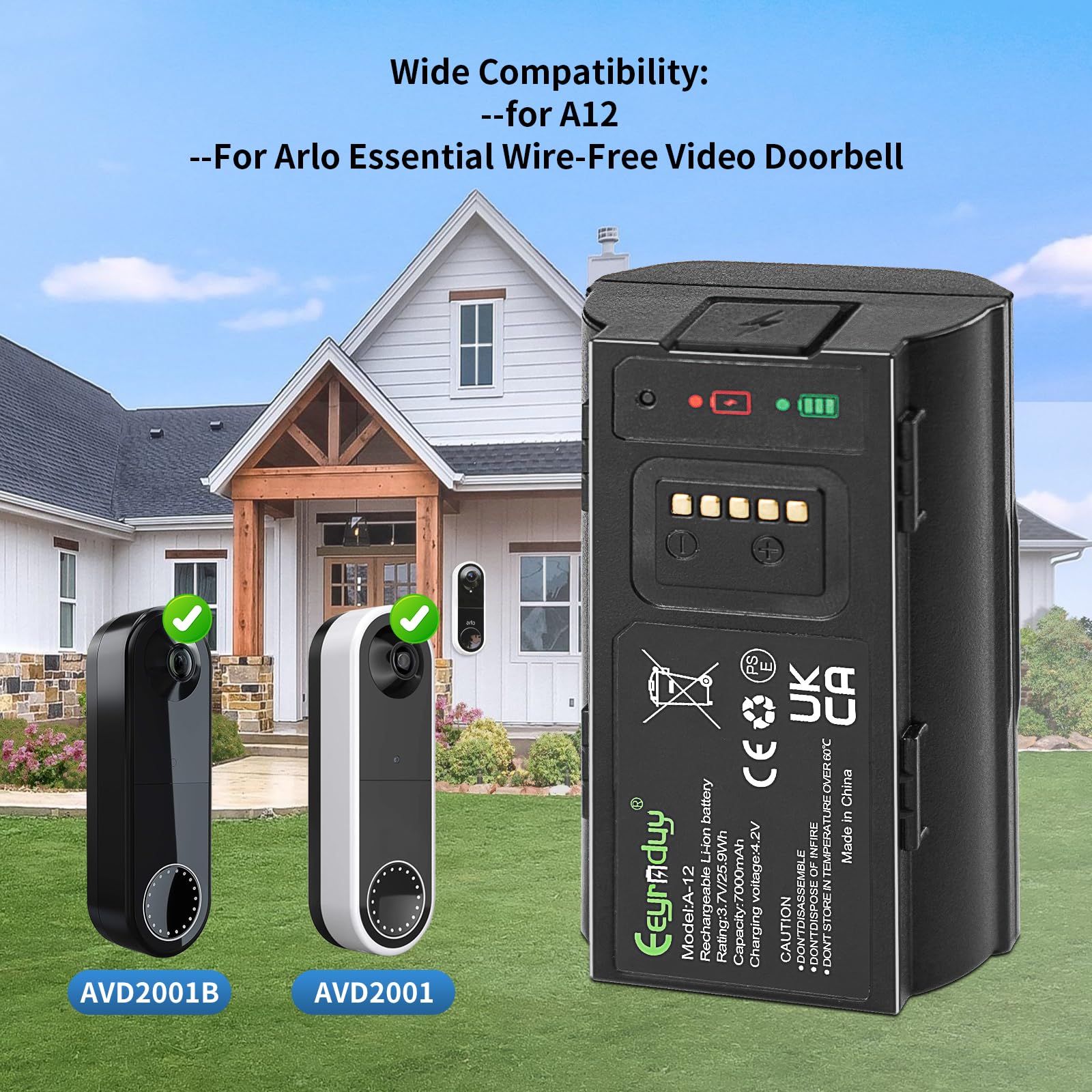 Eeyrnduy A12 Replacement Arlo Essential Wire-Free Video Doorbell VMA2400 Battery Compatible with Arlo Doorbell AVD2001 AVD2001B Rechargeable Back-Up Battery 7000 mAh