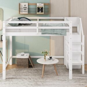 Harper & Bright Designs Full Loft Bed, Loft Bed Full Size with Storage Staircase and Wardrobe for Clothes, Wooden High Loft Bed Frame for Kids Girls Boys Bedroom, White